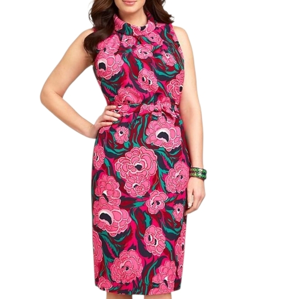 Talbots Women's Plus Dress Sheath Size 16 Pink Navy Lined Cowl Neck Sleeveless - Picture 10 of 11